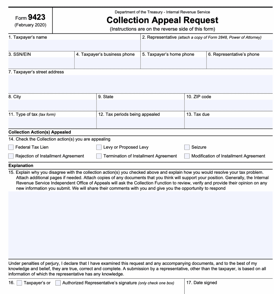 IRS Form 9423: Collection Appeal Request