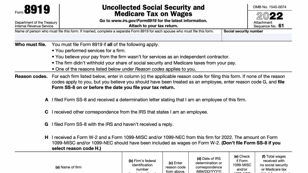 IRS Form 8919: Uncollected Social Security and Medicare Tax on Wages